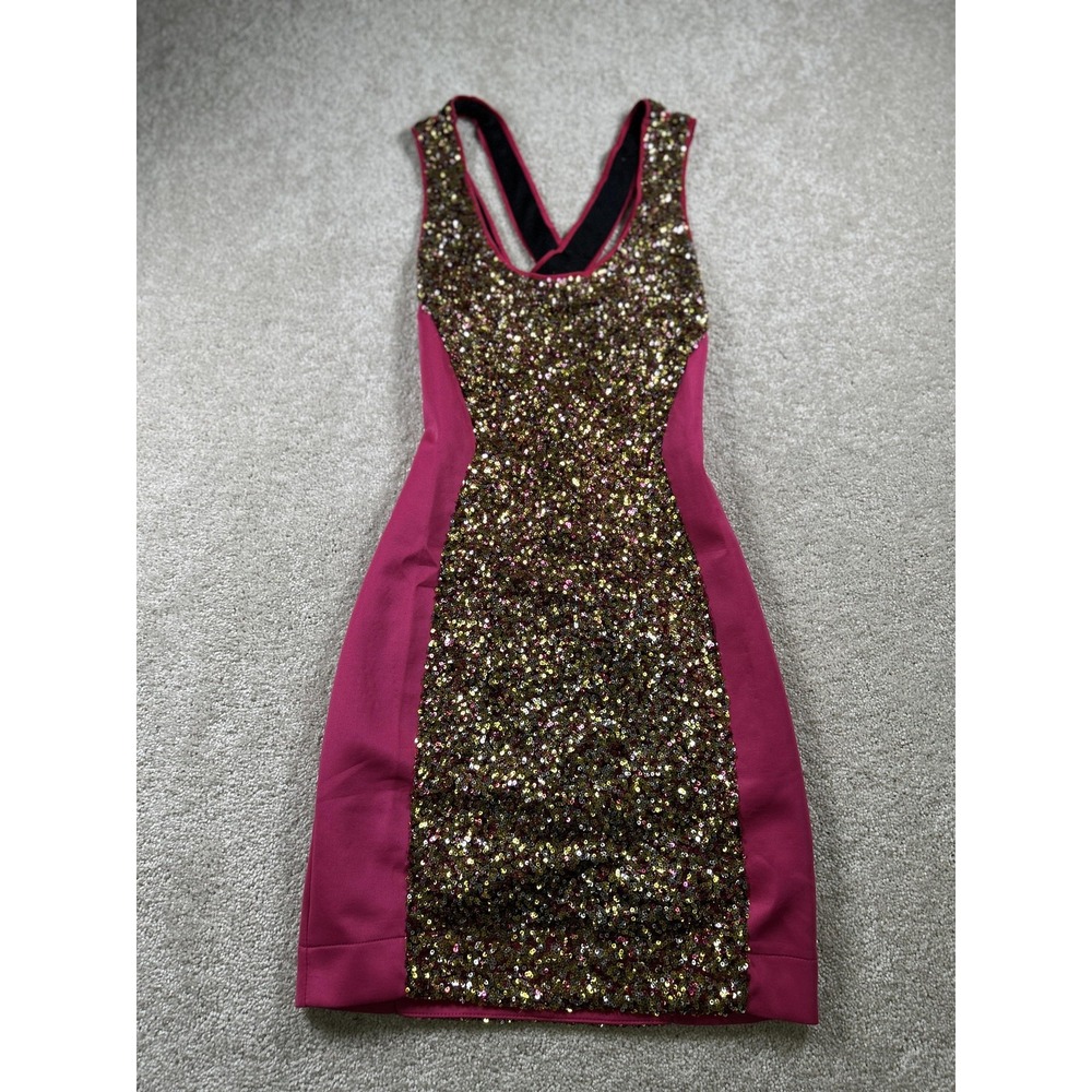 Wow Couture Dress Womens Small Pink Gold Sequin Bodycon Criss Cross Back Party‎
